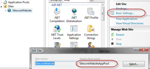 IIS Manager displaying the ApplicationPool setting of a website.